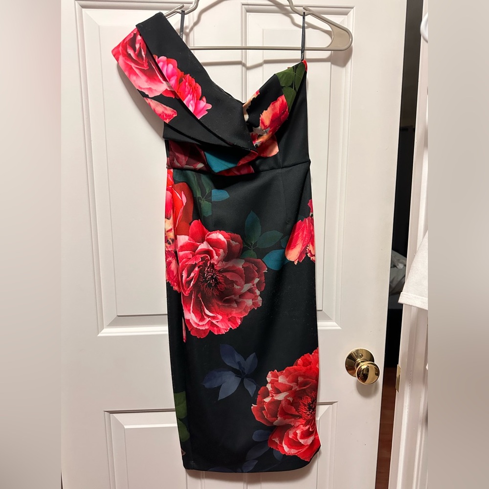 ASOS One-Shoulder Dress with Red Floral Design